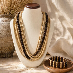Boho Wooden Bead Necklace Bracelet Set Multi Strand Natural Brown Statement